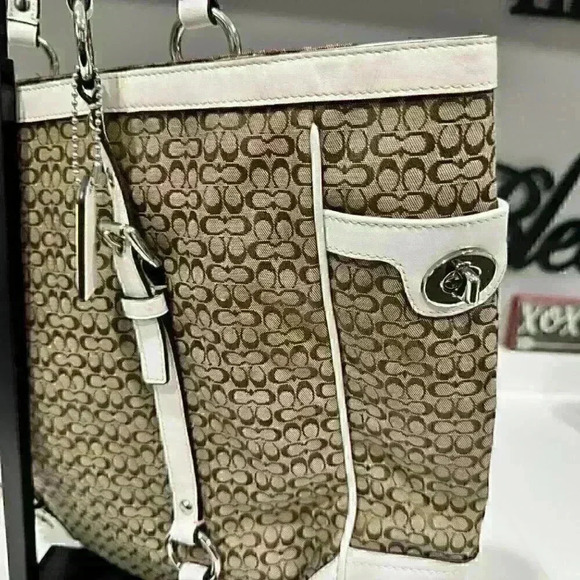 Coach Brown White Jacquard Leather Signature Tote Purse Shoulder Bag - Picture 6 of 10